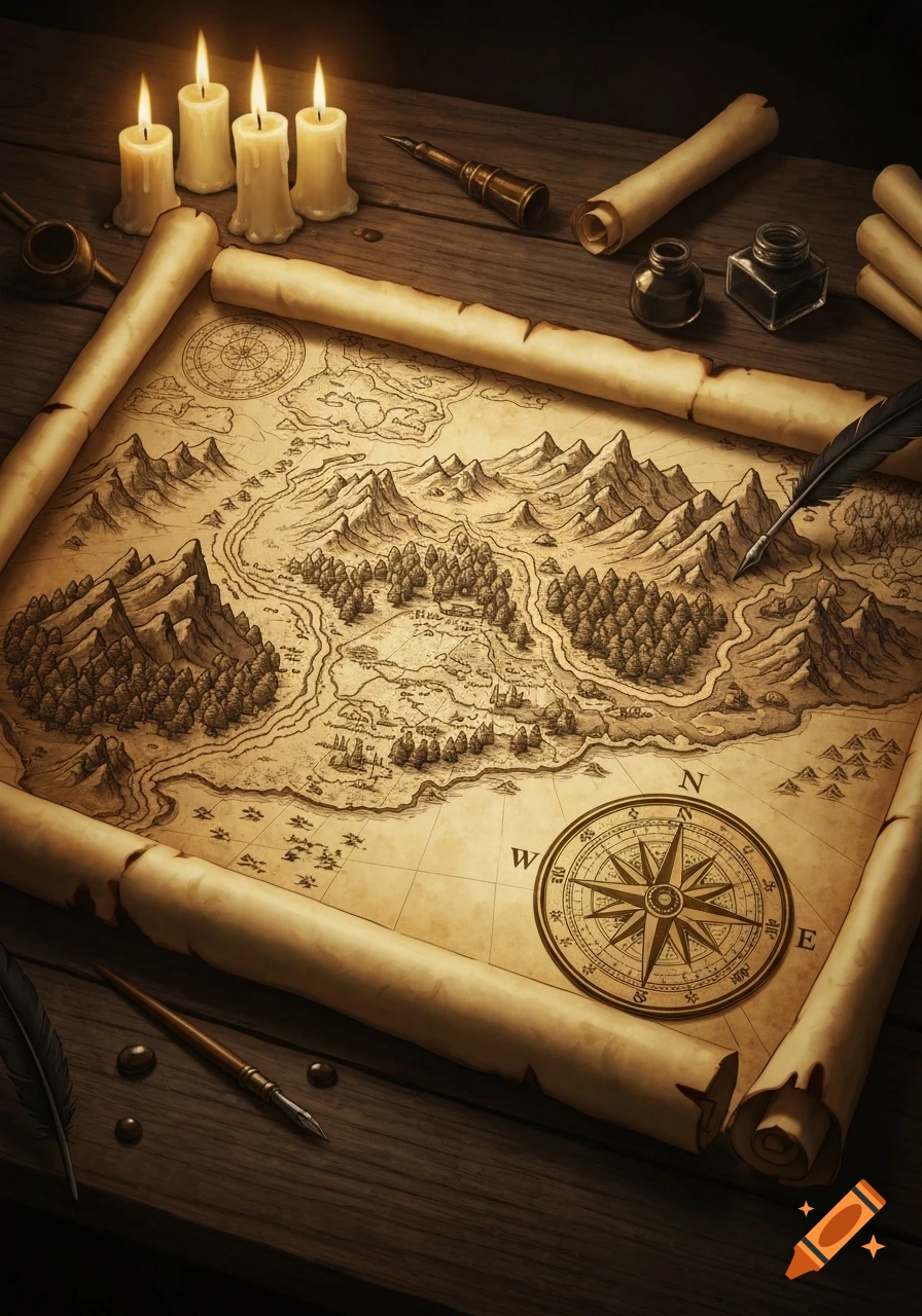 Detailed fantasy map with mountains and forests, surrounded by quills, ink, scrolls, and lit candles on a wooden table.