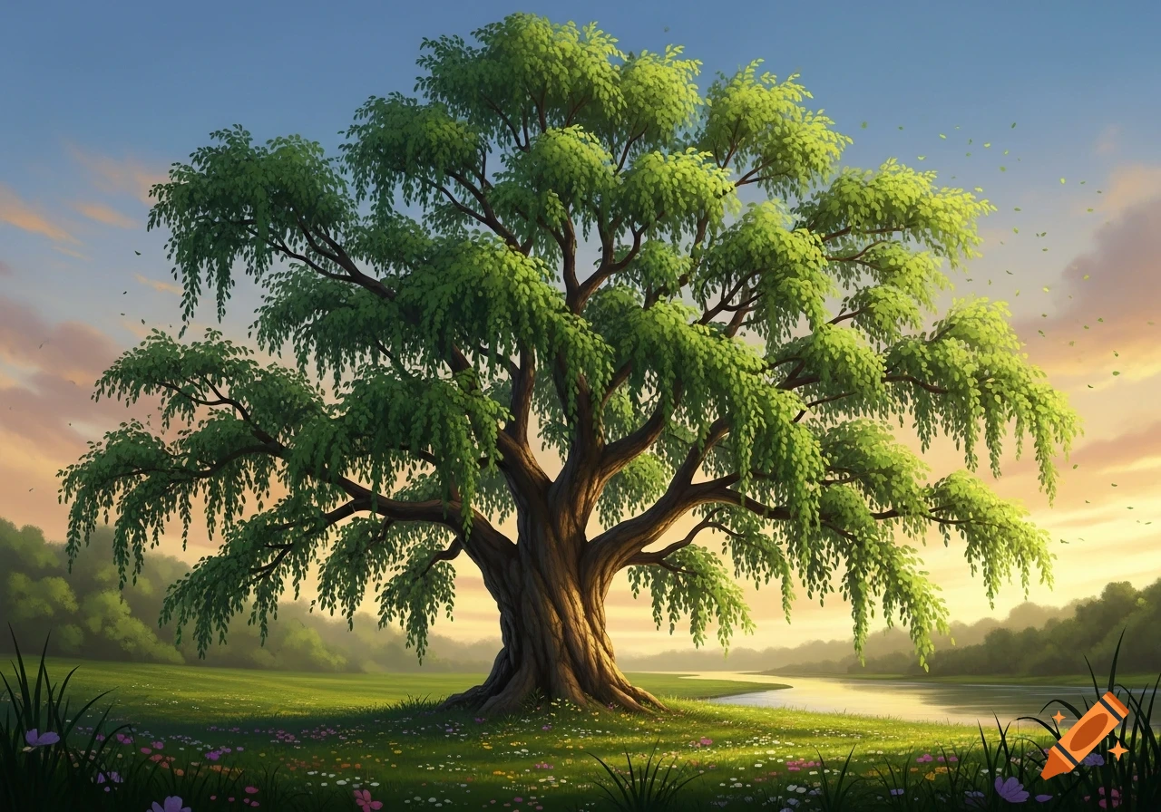 A large, vibrant green tree stands in a field of wildflowers next to a river under a clear sky with a soft sunset glow.