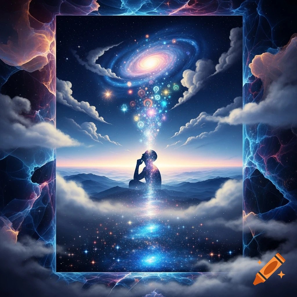 A silhouette of a person meditating on a mountain, with a galaxy and colorful cosmic light flowing from their head into a star-filled sky.