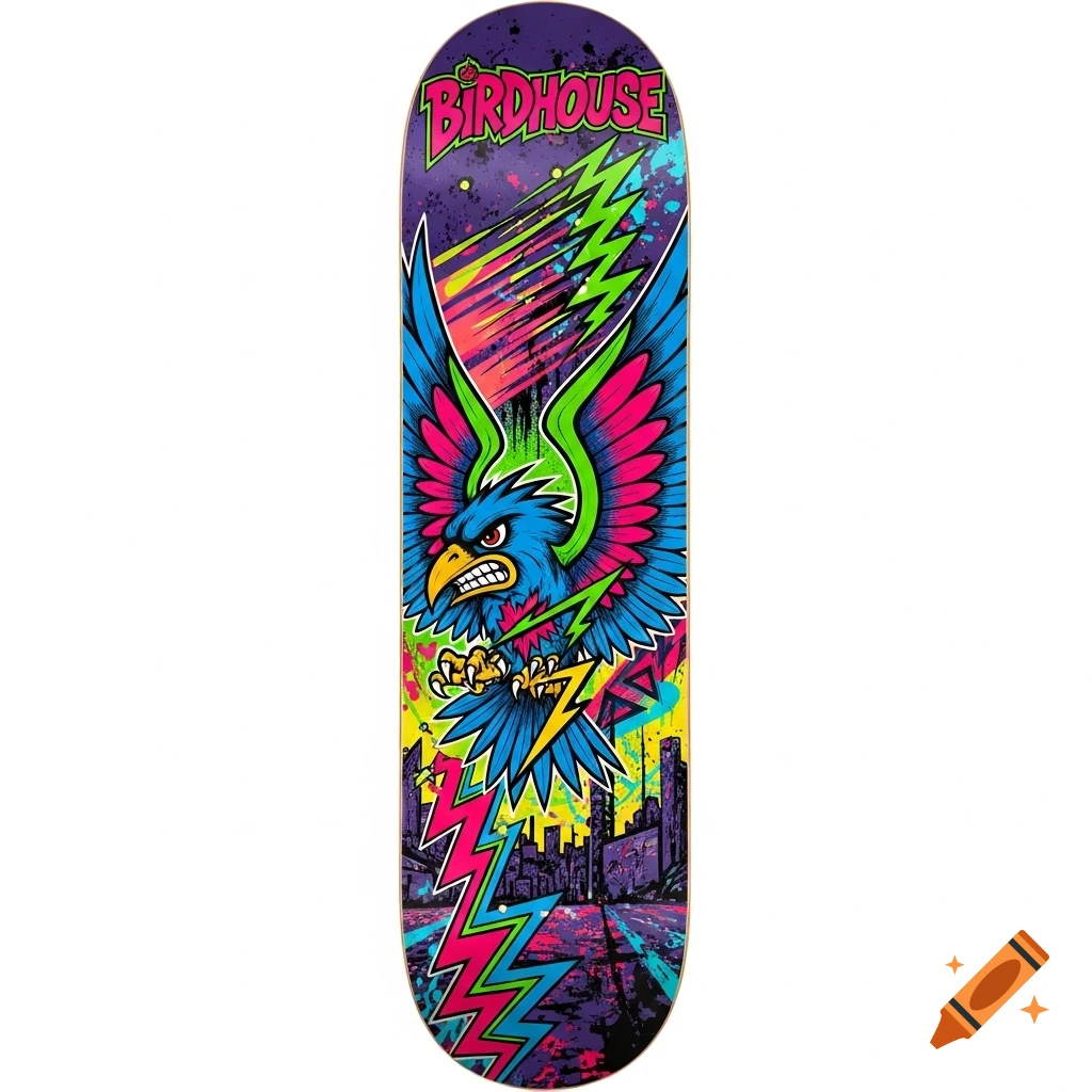 A vibrant 90s style skateboard deck featuring a fierce blue eagle with pink and green wings, lightning bolts, and a cityscape, with 'BIRDHOUSE' text.
