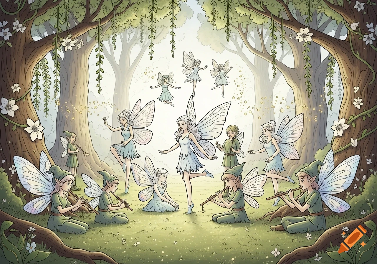 An illustration of fairies and elves in an enchanted forest. Some are dancing, while others play flutes on the grassy ground.