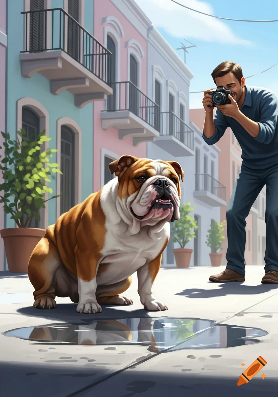 A stylized illustration of a bulldog crouching on a sidewalk next to a puddle, with a man photographing it.