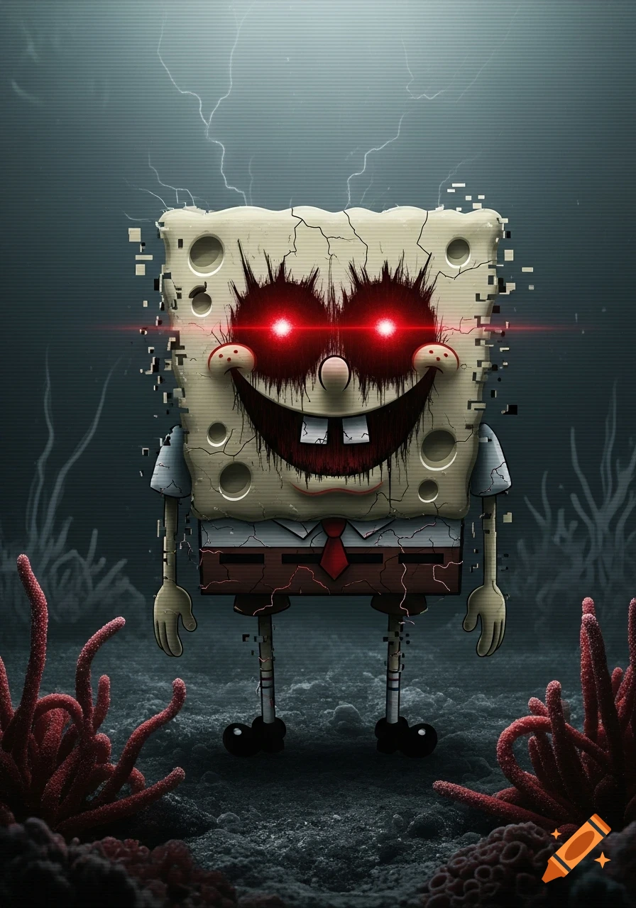 A creepy, glitched Spongebob with red glowing eyes and a wide, cracked smile, standing underwater with dark plants and lightning.