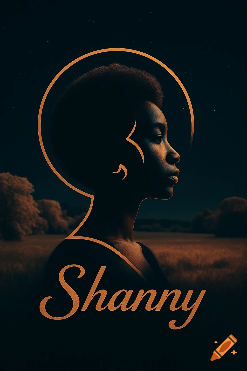 Profile of an Afro-Japanese model with a golden halo and lines, against a dark starry night field, with 'Shanny' text.