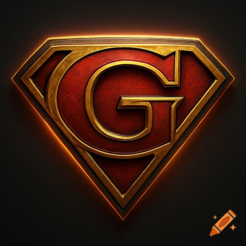 A gold and red superhero-style shield logo with a prominent, stylized 'G' letter, glowing against a dark background.