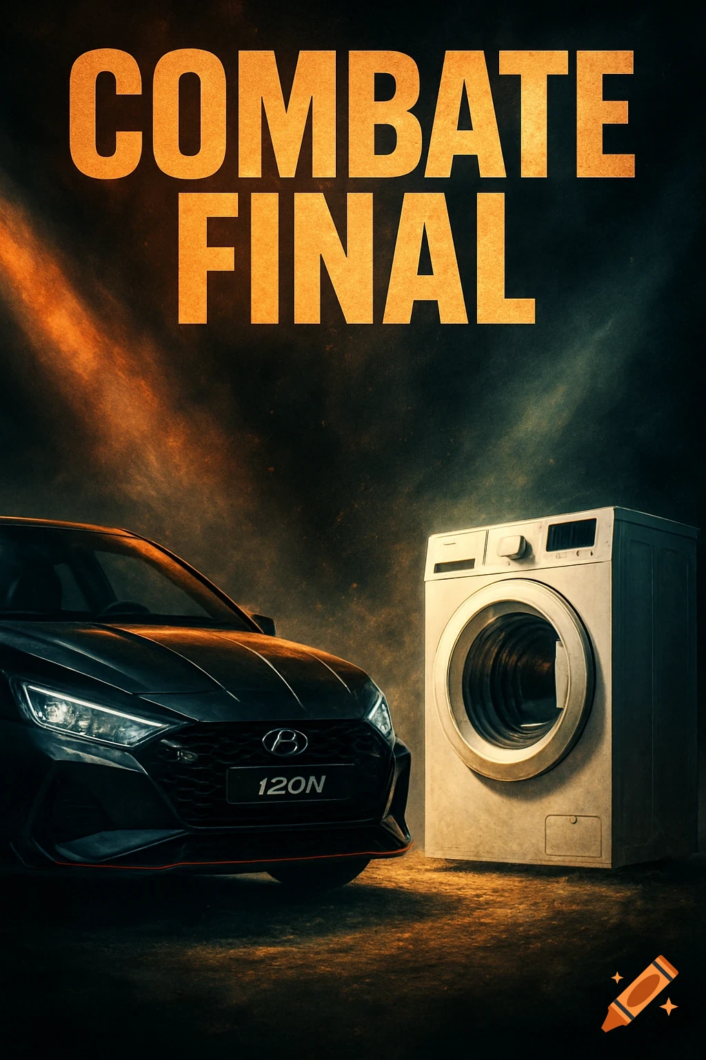 Dramatic poster art depicting a black Hyundai i20 N car and a white washing machine facing off like rivals, under cinematic lighting.