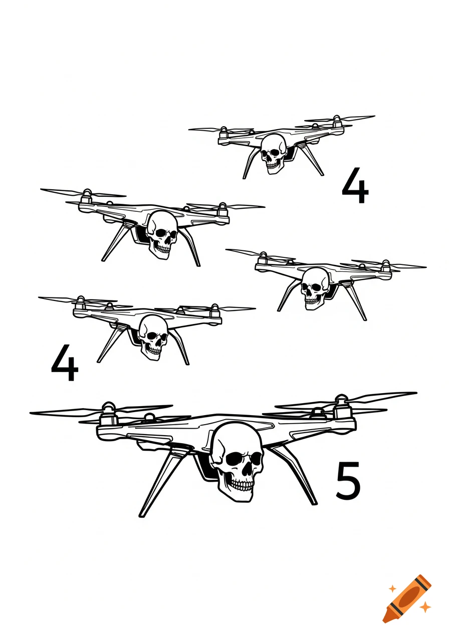 Minimalist black line art illustration of five drones with skull faces flying against a white background, with numbers 4 and 5.