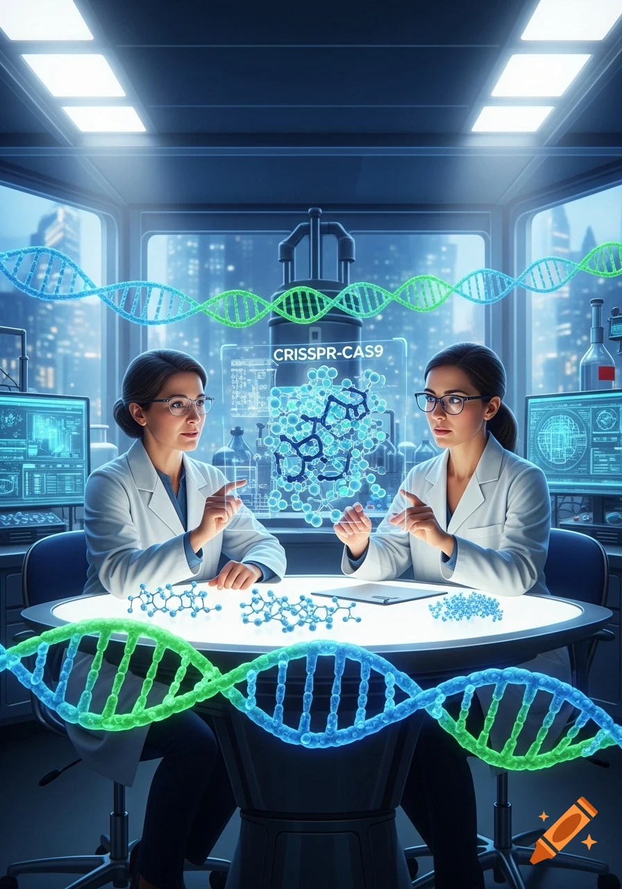Two women scientists in a futuristic lab discuss holographic DNA and CRISPR-CAS9 molecular models.