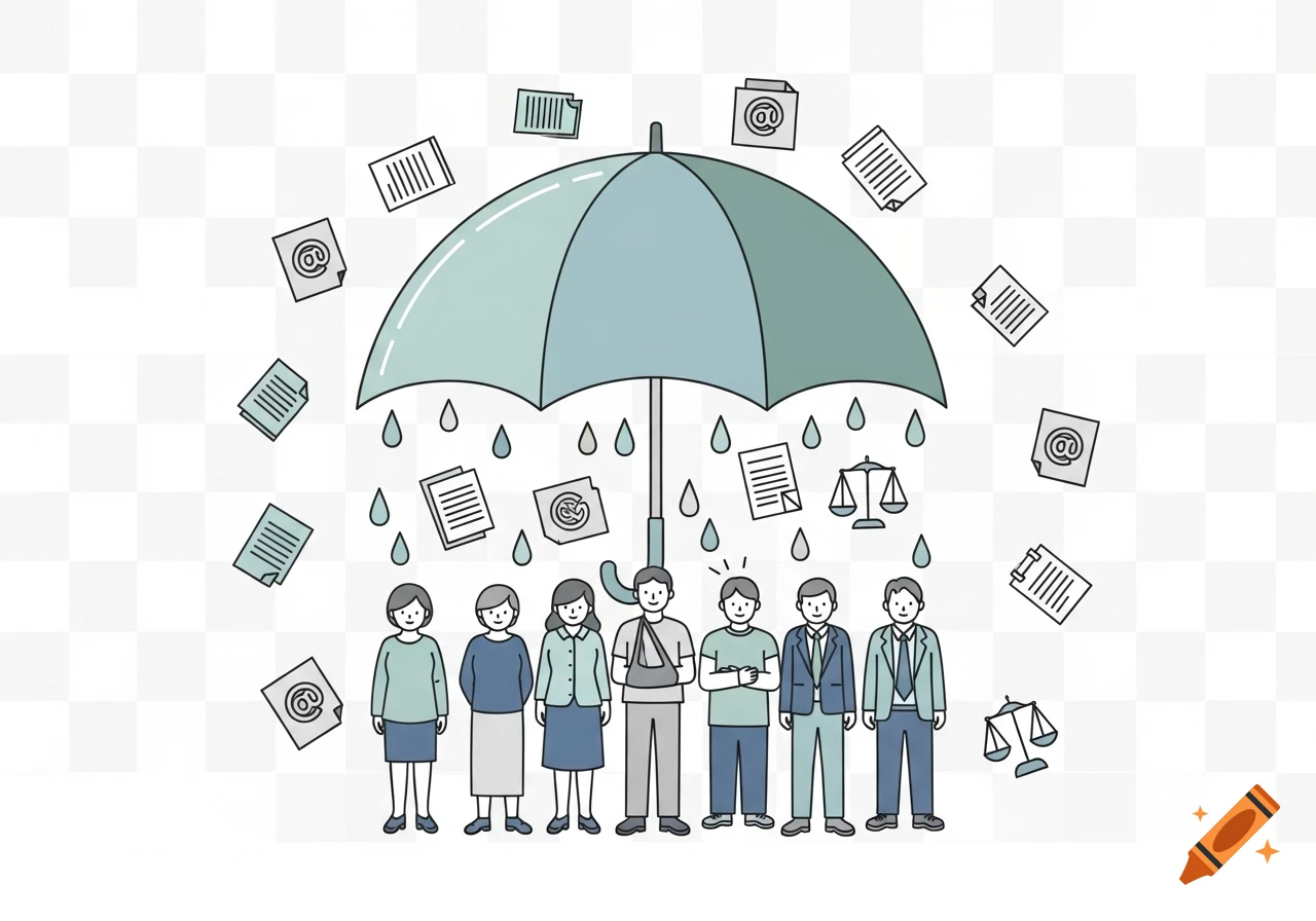 A minimalist flat illustration of a blue umbrella protecting seven stylized people, one with an arm sling, from falling documents and legal symbols. Represents employer responsibility.
