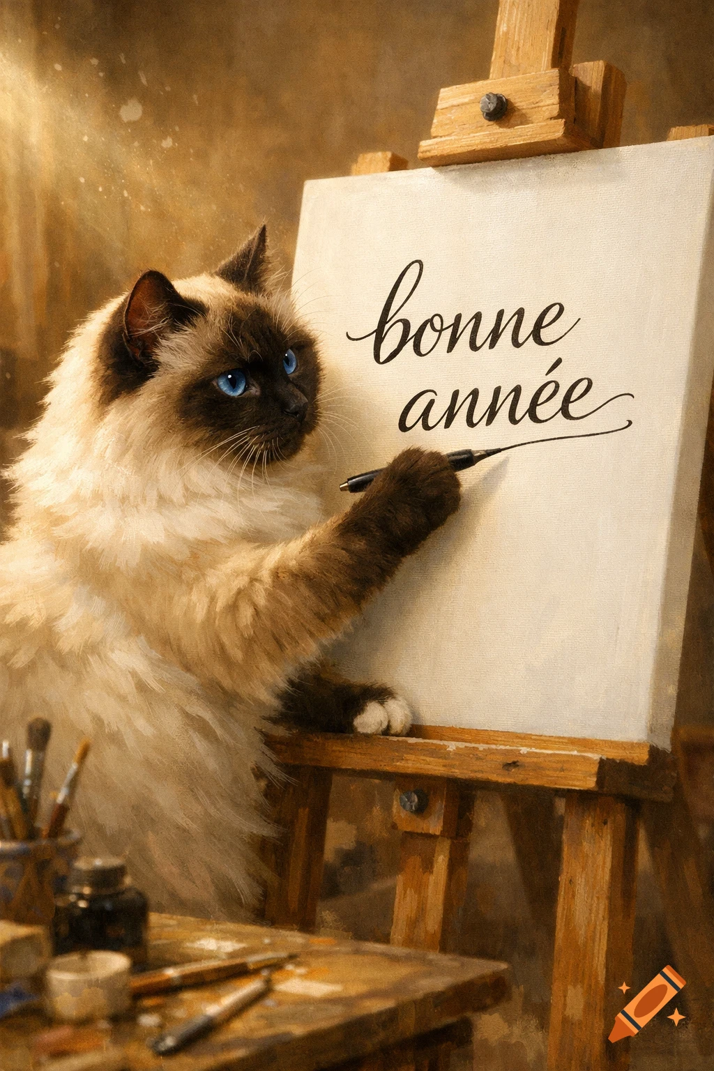 A fluffy Birman cat with striking blue eyes writes "bonne année" on an easel canvas, rendered in a painterly style.