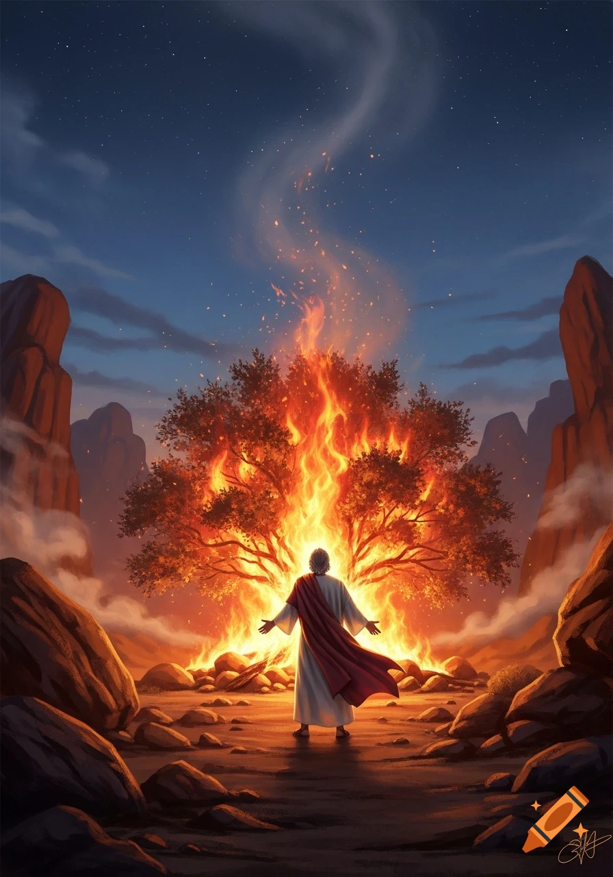 A lone figure, resembling Moses, stands with arms outstretched before a large, brightly burning bush in a desert landscape under a starry night sky, in a digital illustration.