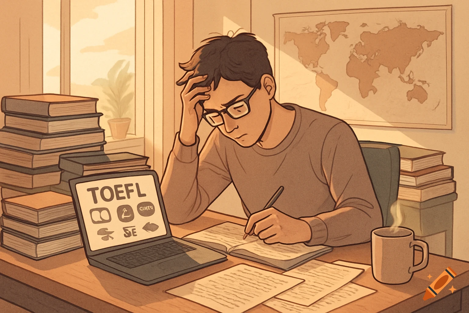 An illustration of a stressed student in glasses studying at a desk with books and a laptop showing "TOEFL" on the screen. A world map is on the wall.