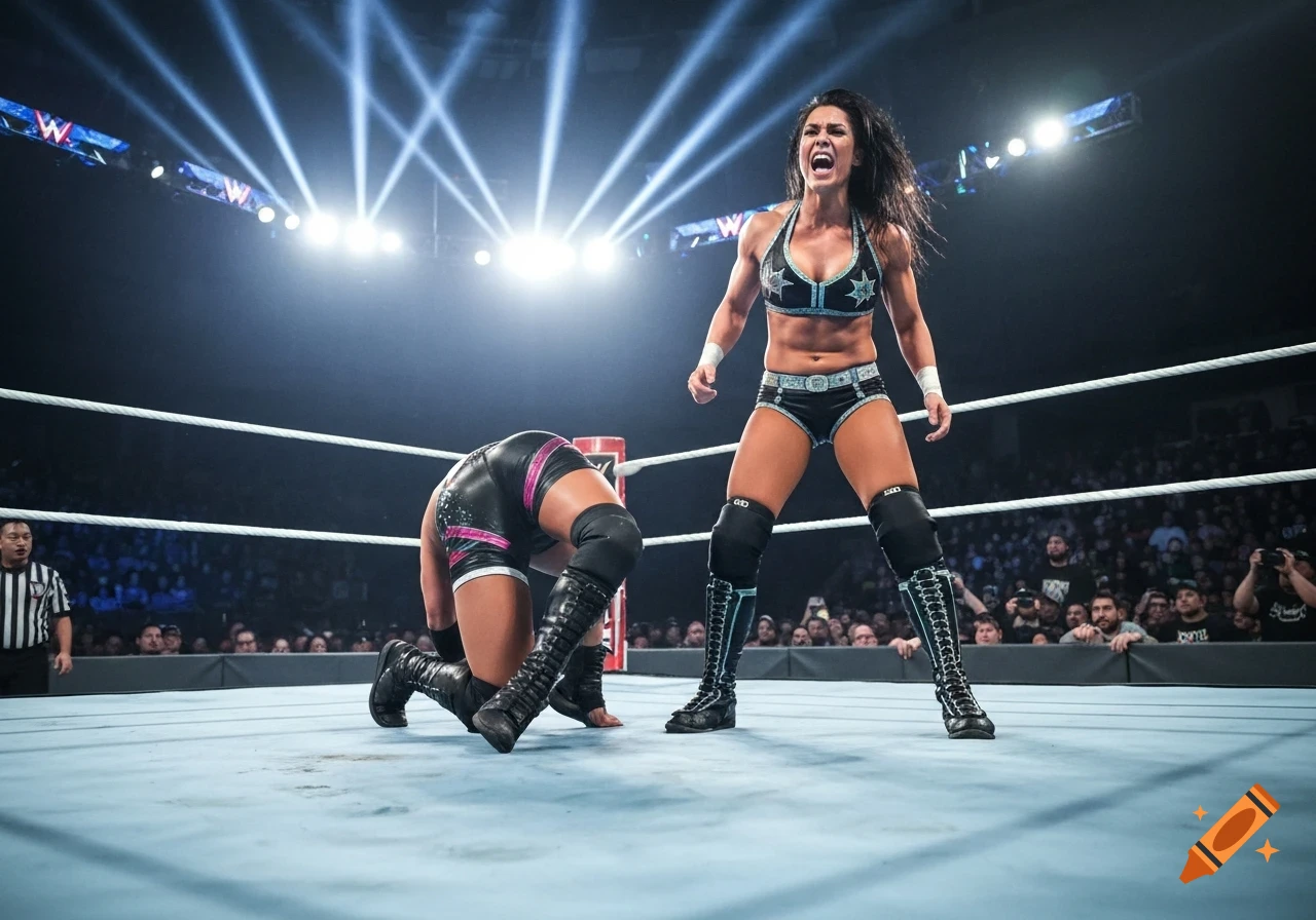 Two female wrestlers in a brightly lit ring, one standing aggressively and the other on her knees, with a referee nearby.
