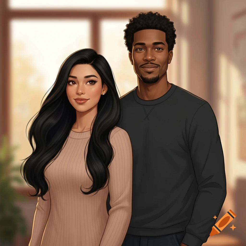 A smiling animated-style couple. The woman has long black hair and wears a beige top, standing in front of a man with short curly black hair and a dark gray top.