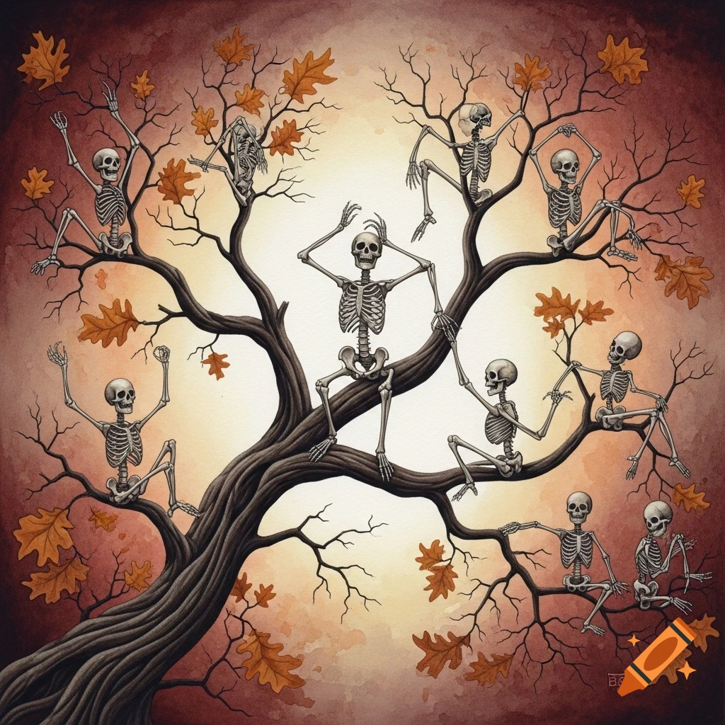 A watercolor illustration of multiple human skeletons climbing and sitting on a gnarly oak tree with fall leaves, set against a warm, gradient background.