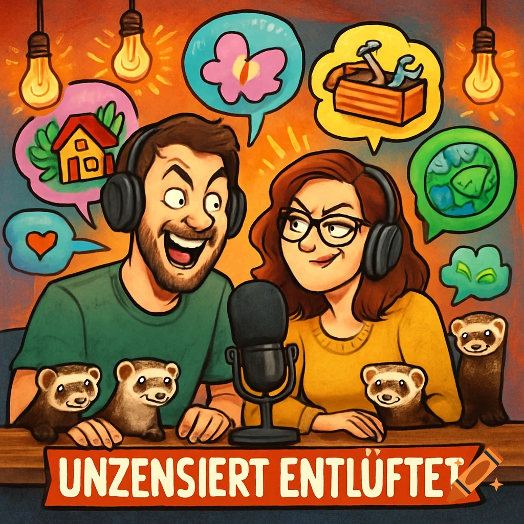 Cartoon illustration of a man and woman podcasting with ferrets, surrounded by speech bubbles and a banner.