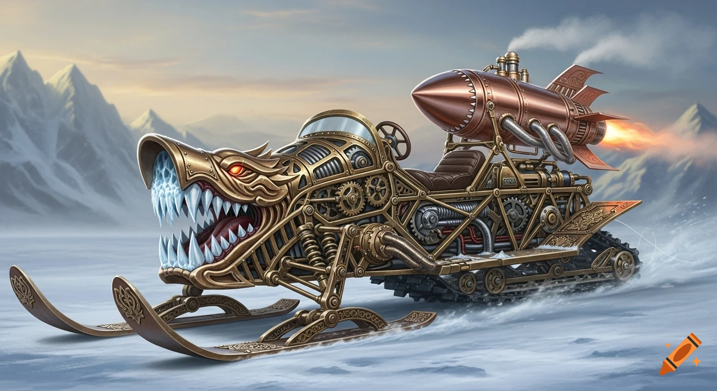 A detailed steampunk snowmobile with a dragon-like front and a rocket engine on the back, speeding through a snowy mountain landscape.