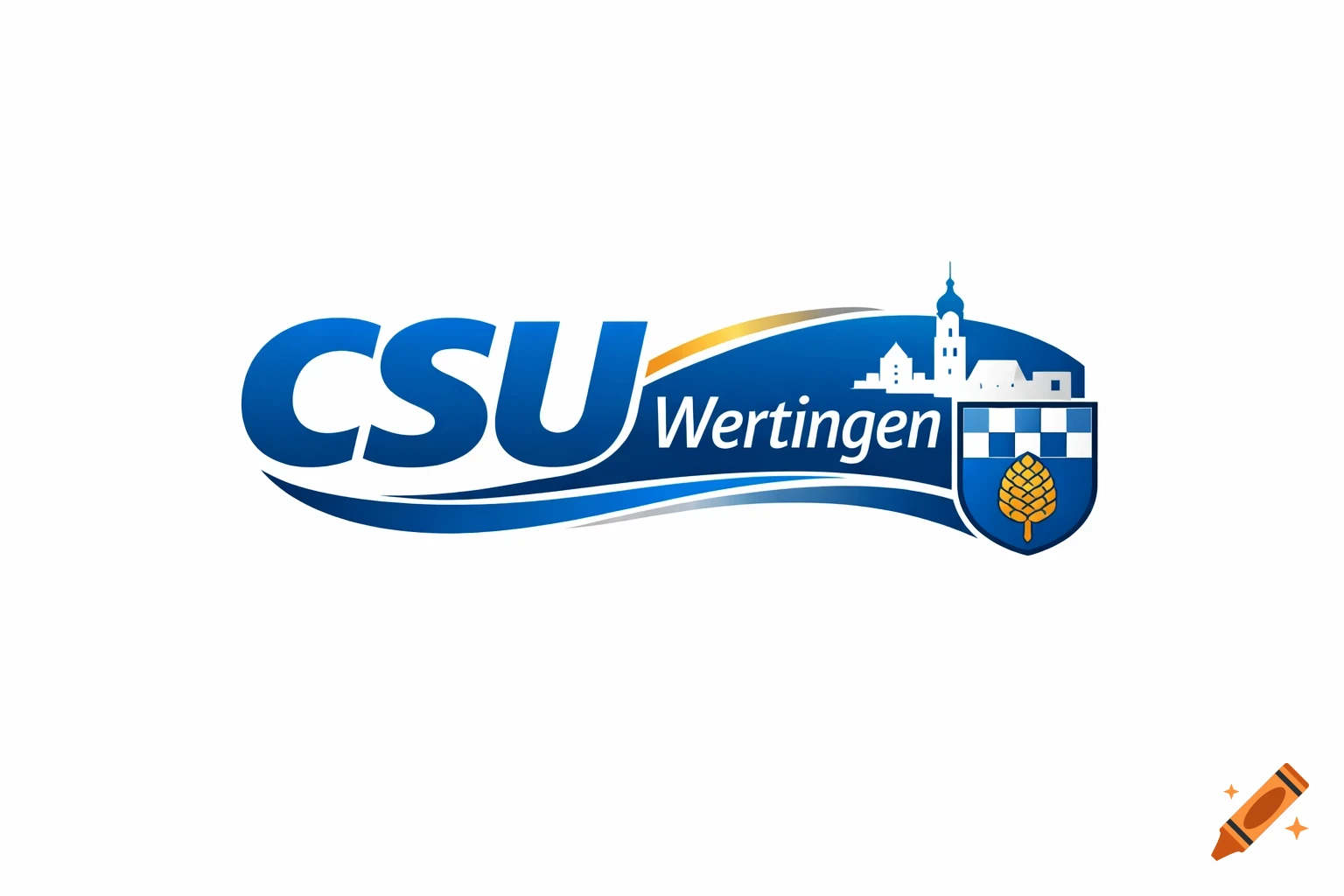 Blue and white CSU Wertingen logo with a town skyline and a shield featuring a checkered pattern and a pinecone.