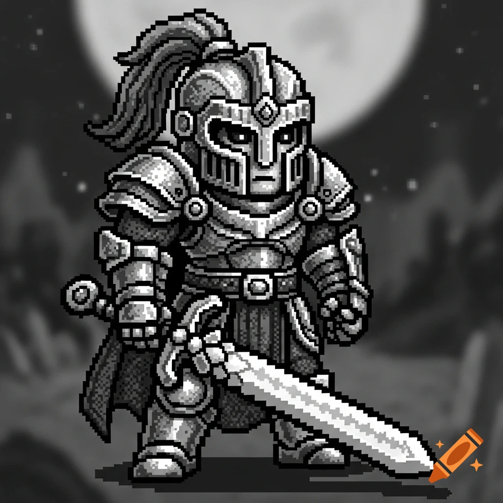 A monochromatic pixel art knight in full armor holding a sword, against a dark, blurry background with a large moon.