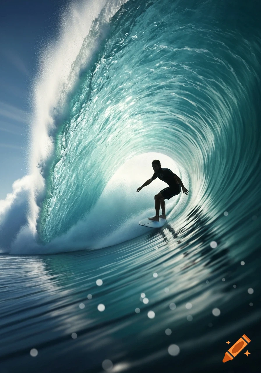 A silhouette of a surfer riding a large, clear blue tubular wave in the ocean under a bright sky.