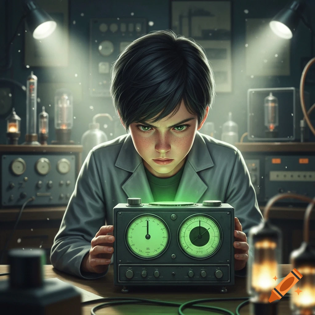 A young, serious boy in a lab coat looks intently at a glowing green scientific device in a detailed laboratory setting.