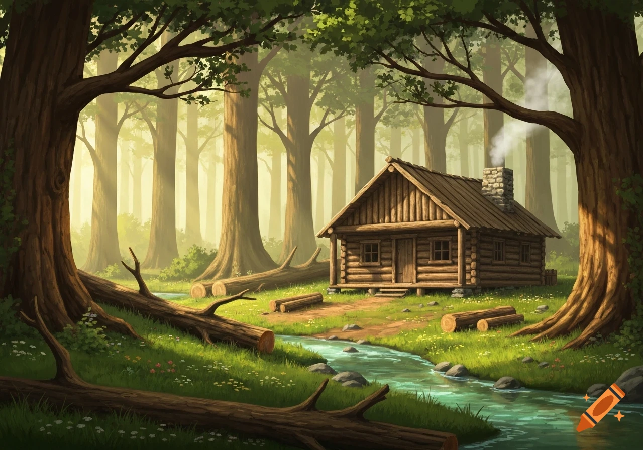 A rustic wooden cabin with smoke from its stone chimney, nestled beside a winding stream and fallen logs in a sun-dappled, dense forest.
