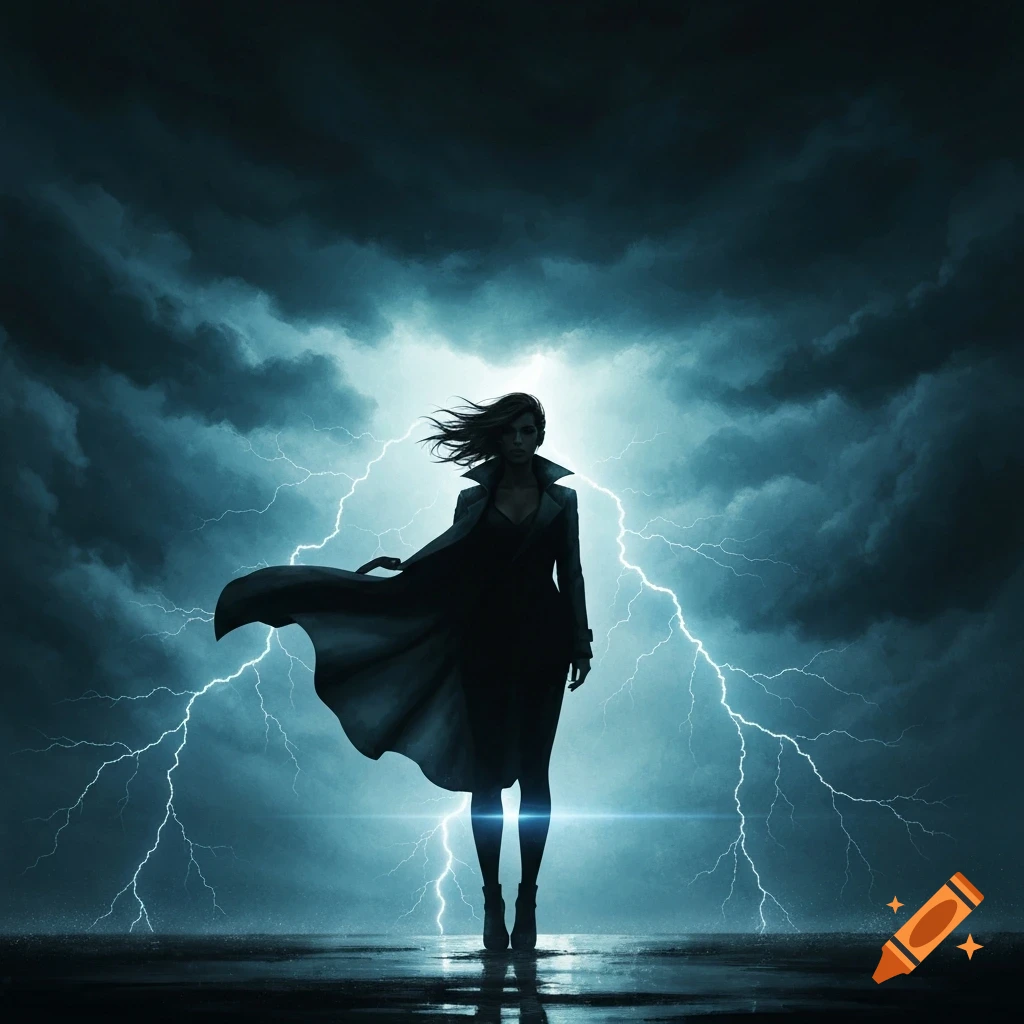 A silhouetted woman in a long coat stands against a dramatic stormy sky filled with bright lightning strikes, reflecting on a wet surface.