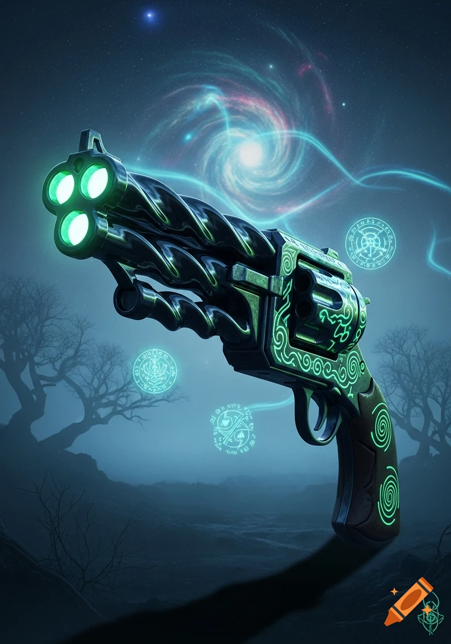 A glowing green eldritch three-barreled gun with intricate patterns and magical runes floating in a dark, mystical landscape under a starry sky with a swirling galaxy.