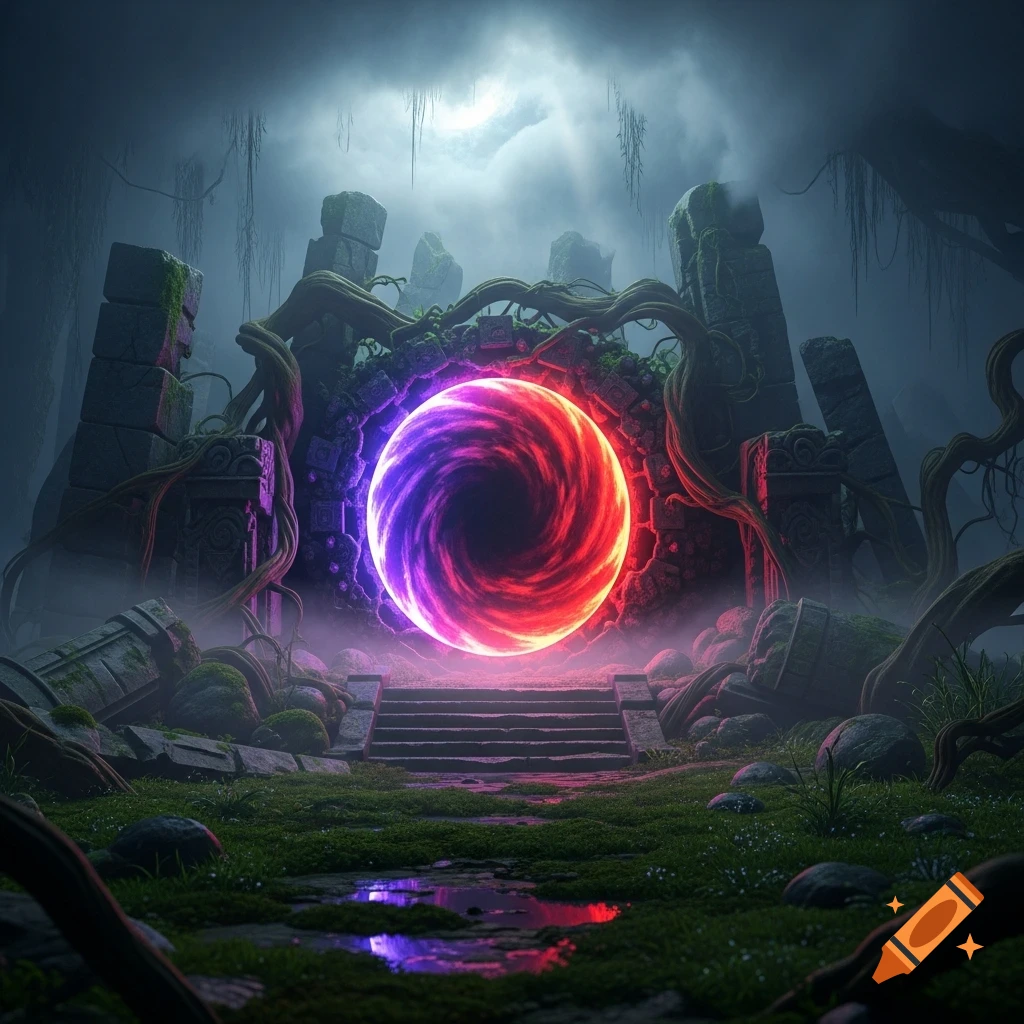 A vibrant red and purple swirling portal glows within ancient, moss-covered ruins amidst a misty, overgrown forest.