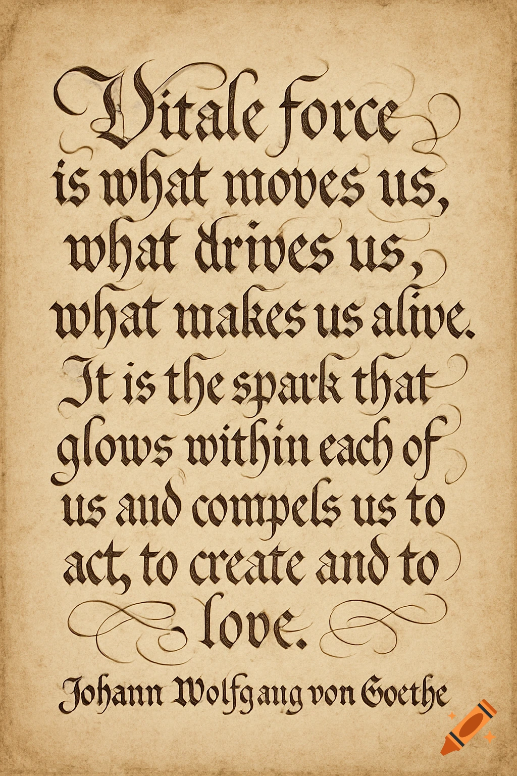 A calligraphic quote by Johann Wolfgang von Goethe in black script on an aged, textured paper background.