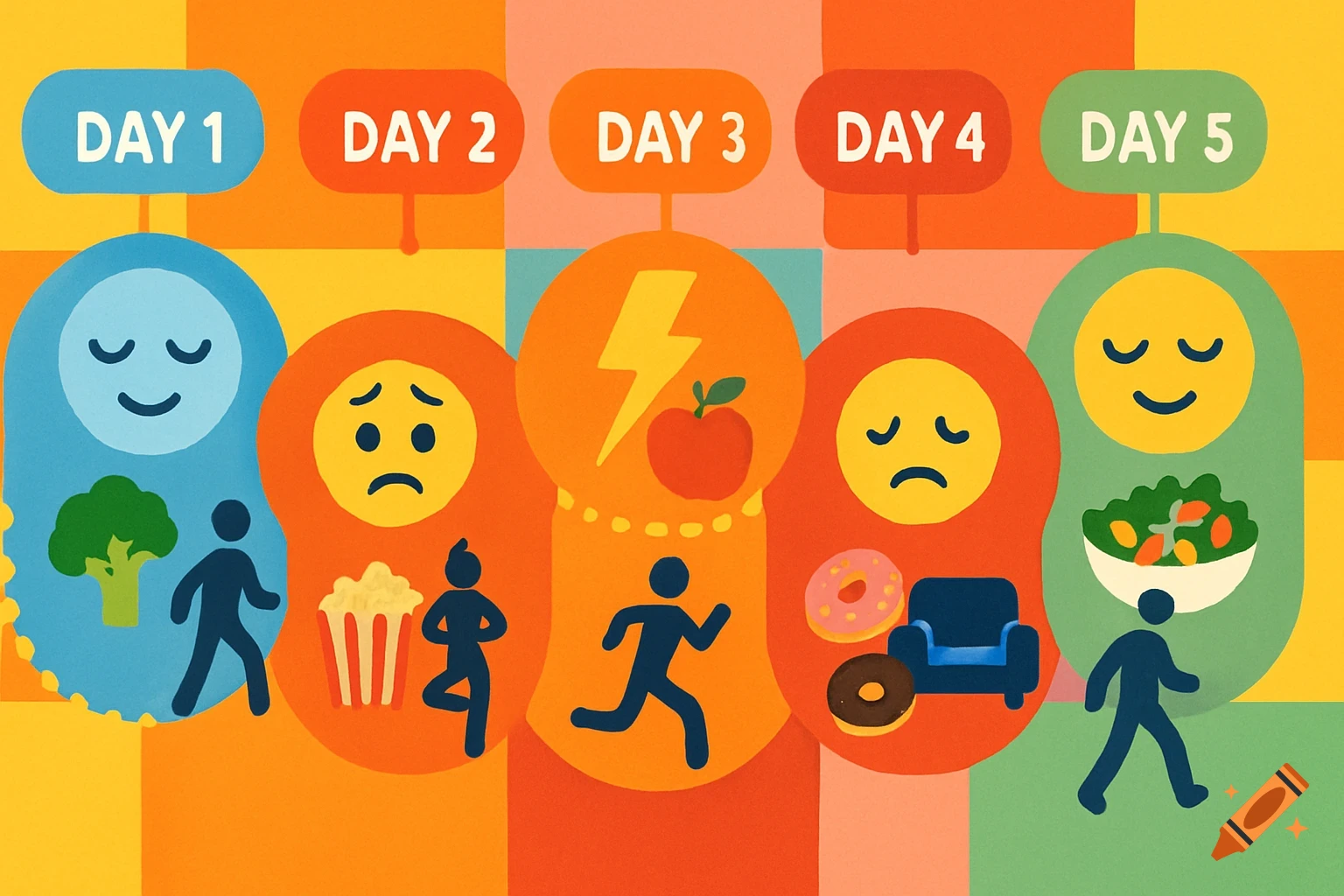 A colorful, modern illustration showing a 5-day timeline for physical and emotional well-being. Each day features icons for emotion, food, and activity.