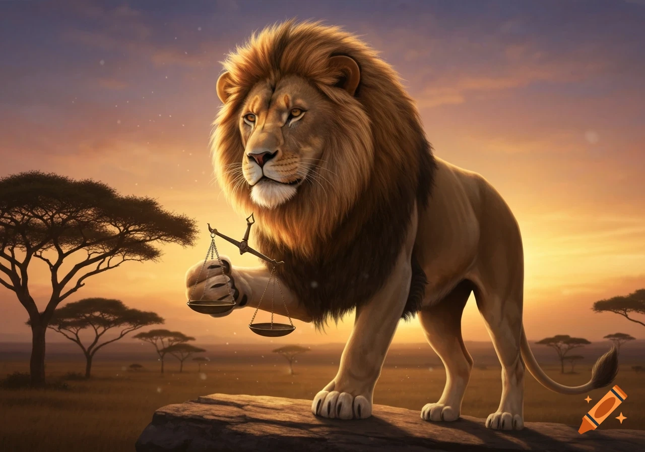 A majestic lion stands on a rock holding a balance scale against a savanna sunset.