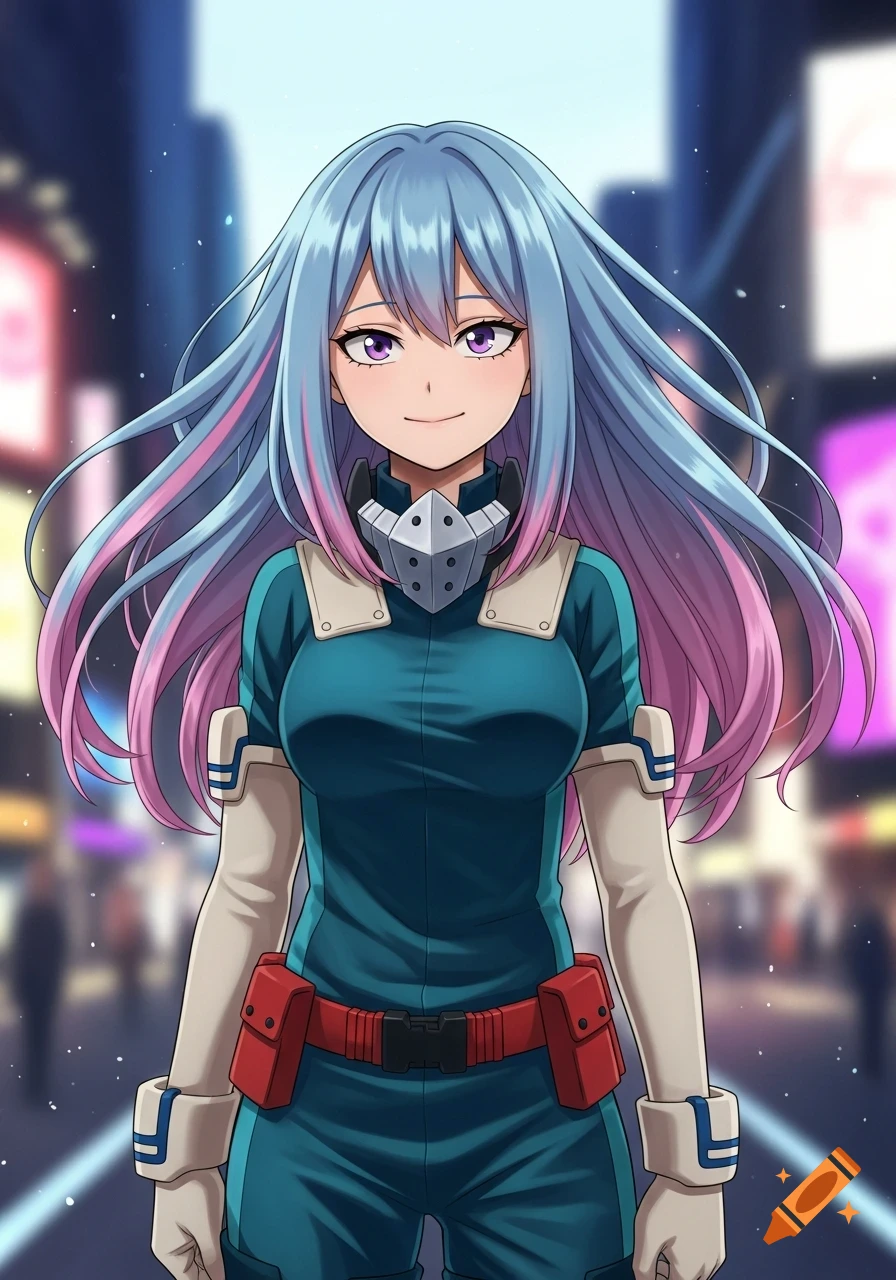 An anime girl with light blue and pink streaked hair and purple eyes smiles, wearing a teal My Hero Academia uniform on a blurred city street.