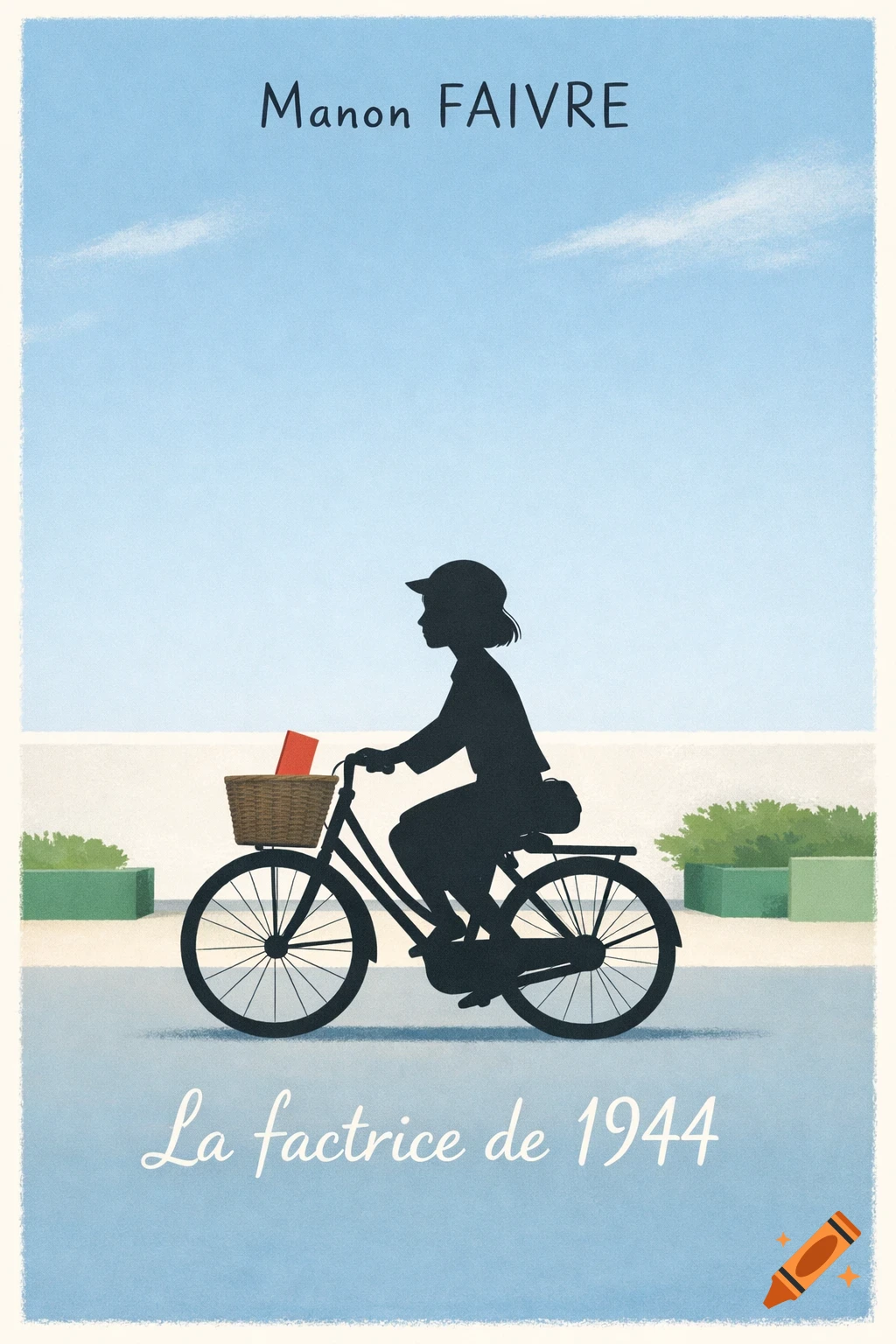 Minimalist illustration of a woman's silhouette riding a bicycle with a basket under a blue sky, with text 'Manon FAIVRE' and 'La factrice de 1944'.