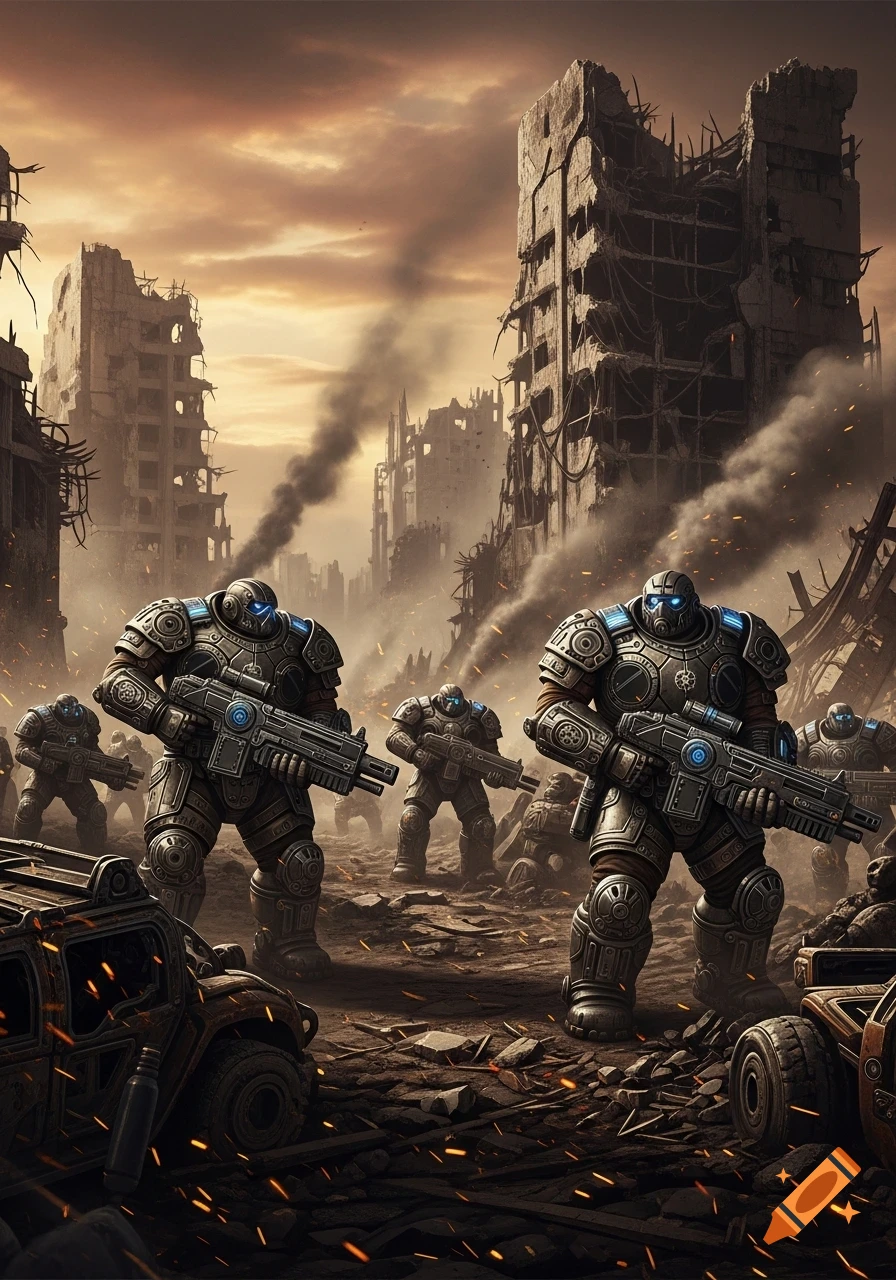 Heavily armored soldiers with futuristic rifles stand amidst the smoking ruins of a city at sunset, debris scattered around.