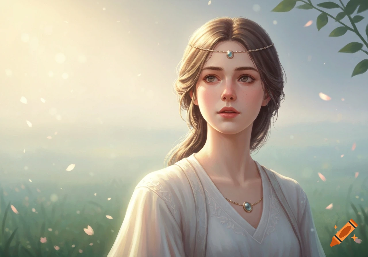 Dreamy portrait of a young woman with a headpiece and necklace, standing in a sunlit field with floating petals.