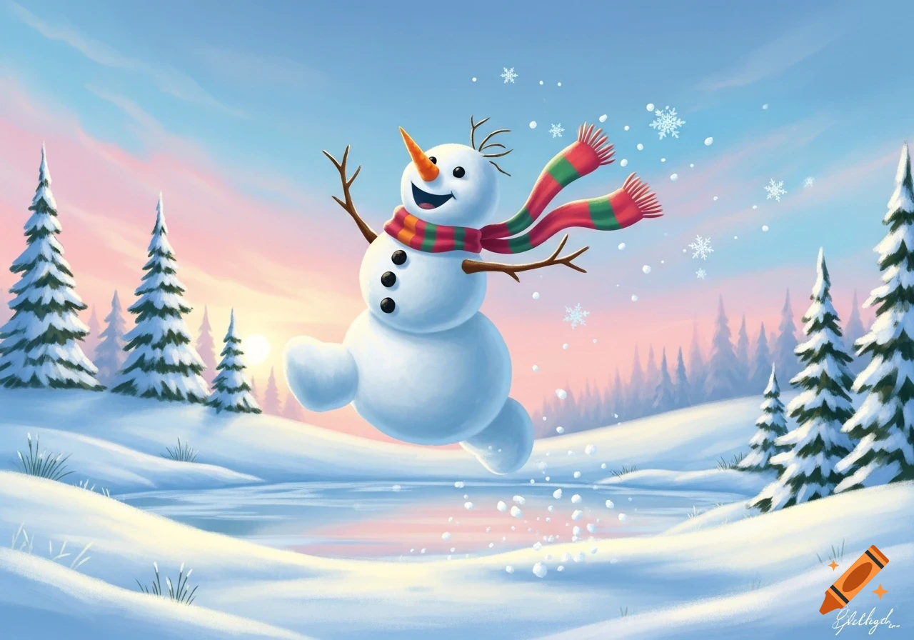 Whimsical illustration of a happy snowman jumping in a snowy landscape with evergreen trees, a frozen lake, and a colorful sunset sky.