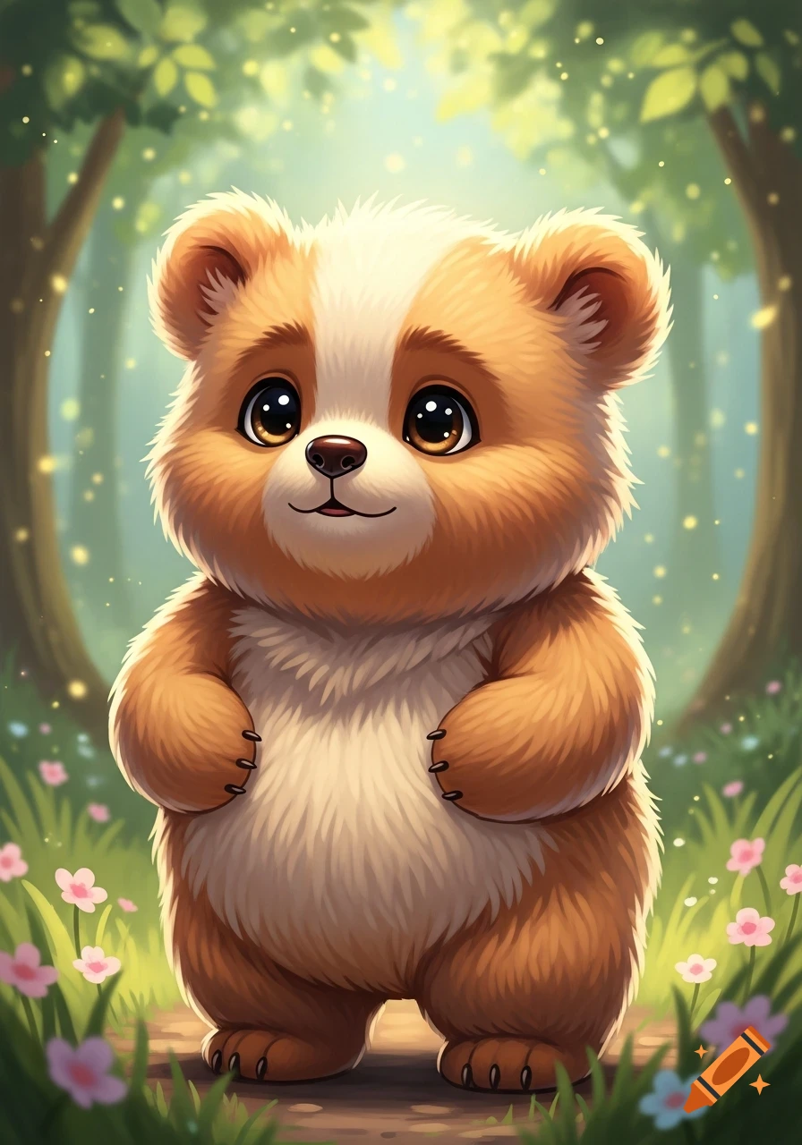 A cute, chubby cartoon baby bear with big eyes stands in a magical forest with glowing particles and pink flowers.