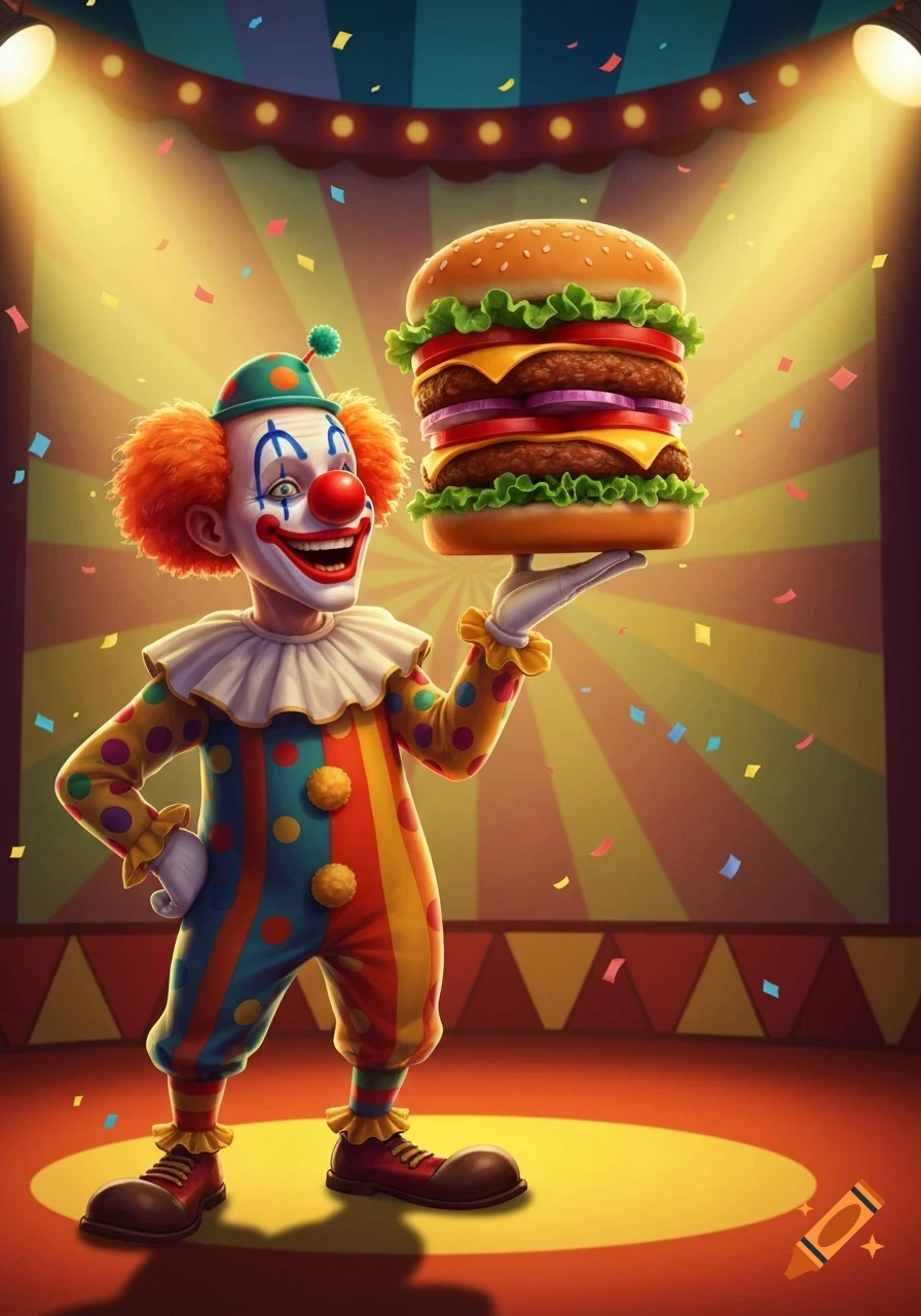A smiling clown in a colorful costume holds a massive triple-decker burger on a plate in a brightly lit circus tent.