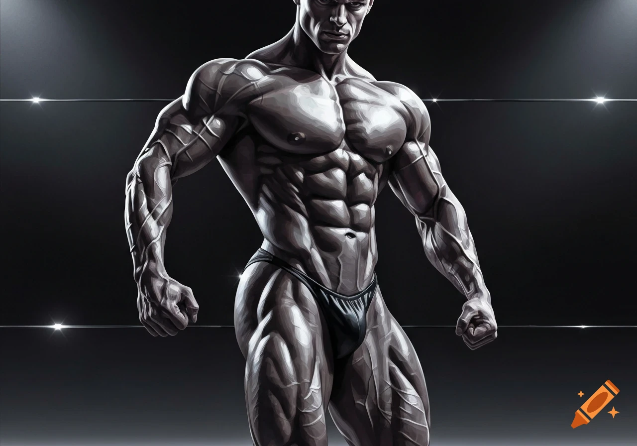 A highly muscular male bodybuilder in a black posing brief, front-facing under spotlights in a stylized digital illustration.