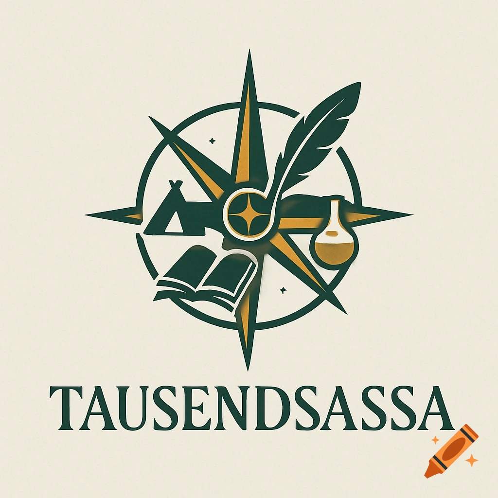 Company logo featuring a compass rose with a tent, open book, quill, and flask, with the name TAUSENDSASSA below, on a light background.