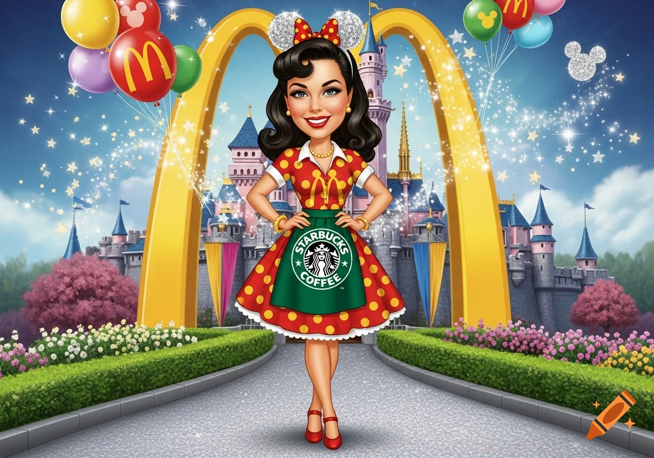 A vibrant cartoon pin-up girl wearing a McDonald's polka-dot dress, Starbucks apron, and Mickey Mouse ears stands before a Disney-style castle.