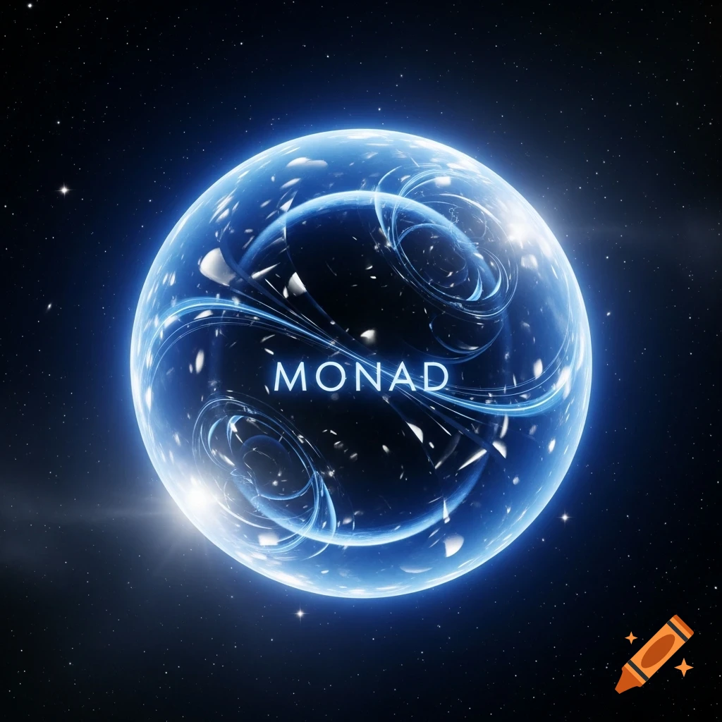 Glowing blue cosmic sphere with 'MONAD' on its surface, surrounded by stars in deep space.