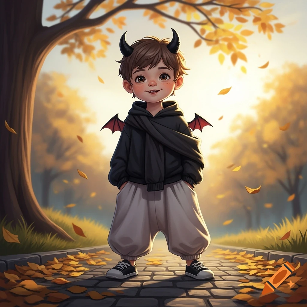A cute boy with devil horns and bat wings, wearing a black hoodie and baggy pants, stands on an autumn leaf-covered path.