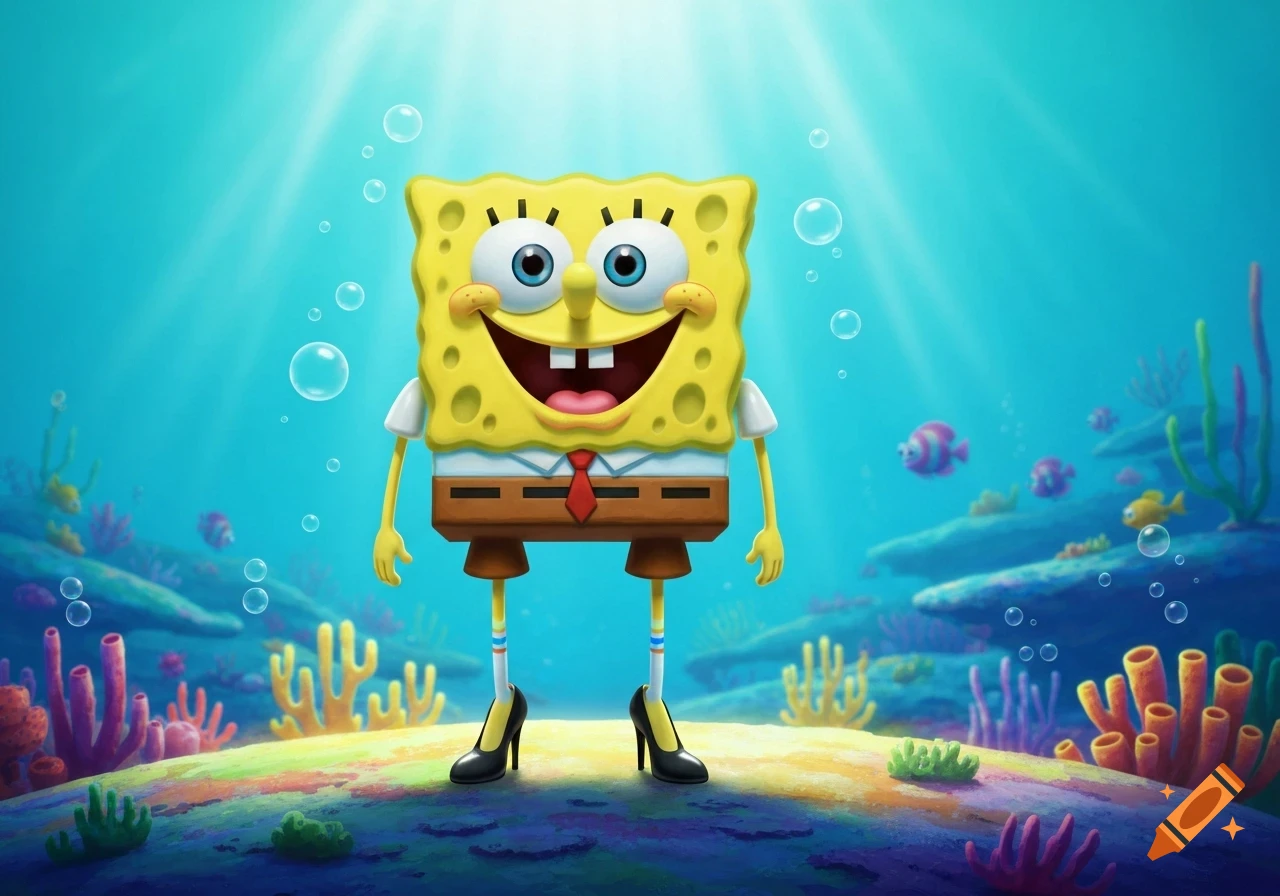 Spongebob Squarepants smiling and standing underwater wearing black high heels, with colorful coral and fish in the background.