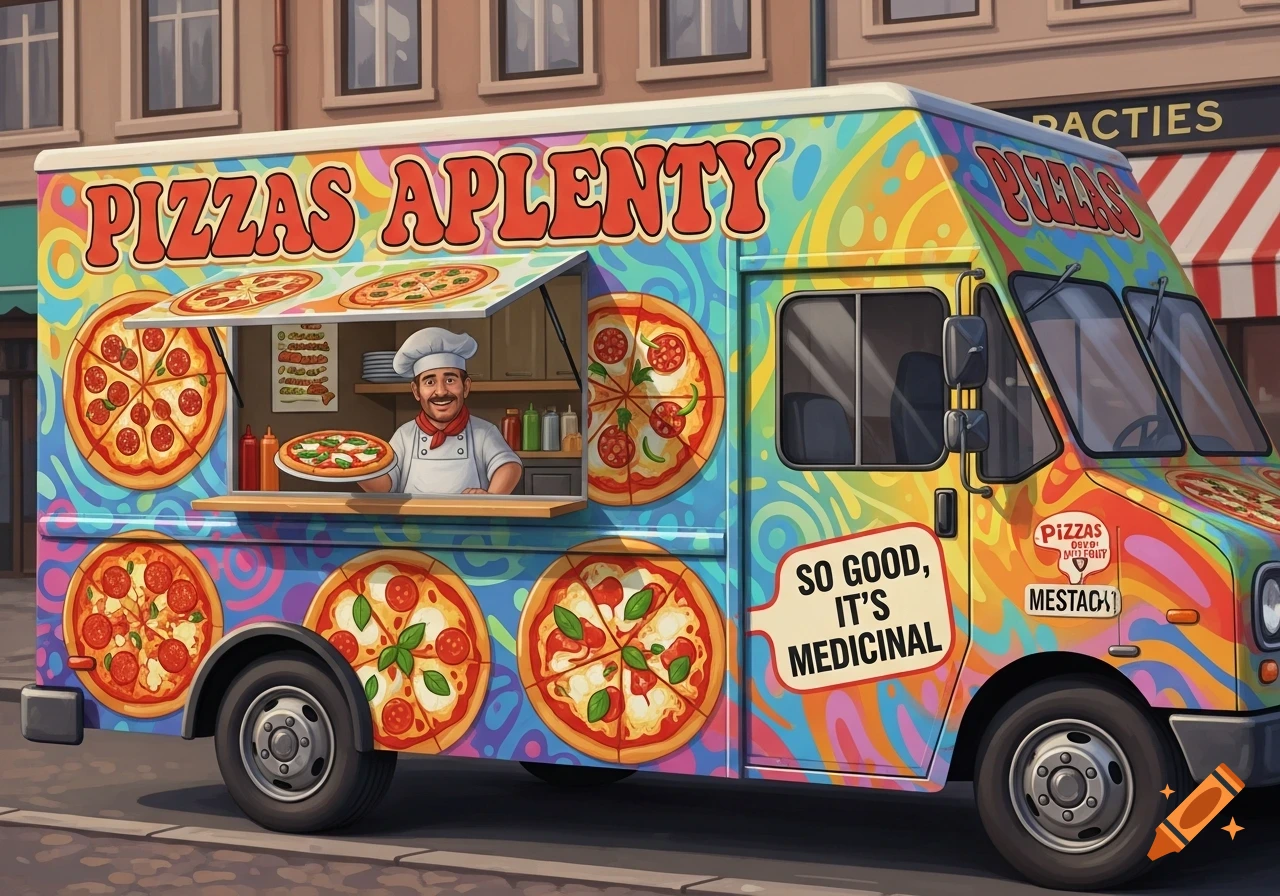 A colorful, cartoon-style pizza food truck with a chef smiling at the service window, holding a pizza. The truck is decorated with psychedelic patterns and images of pizzas, with text that says "PIZZAS APLENTY" and "SO GOOD, IT'S MEDICINAL."