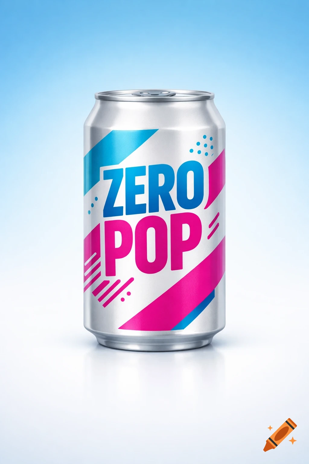 A silver soda can with 'ZERO POP' in bold blue and pink letters, against a light blue and white gradient background.