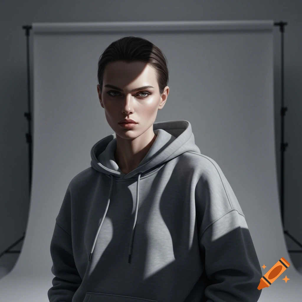 Photorealistic portrait of a young woman in a gray hoodie, shot in a studio with strong directional lighting.