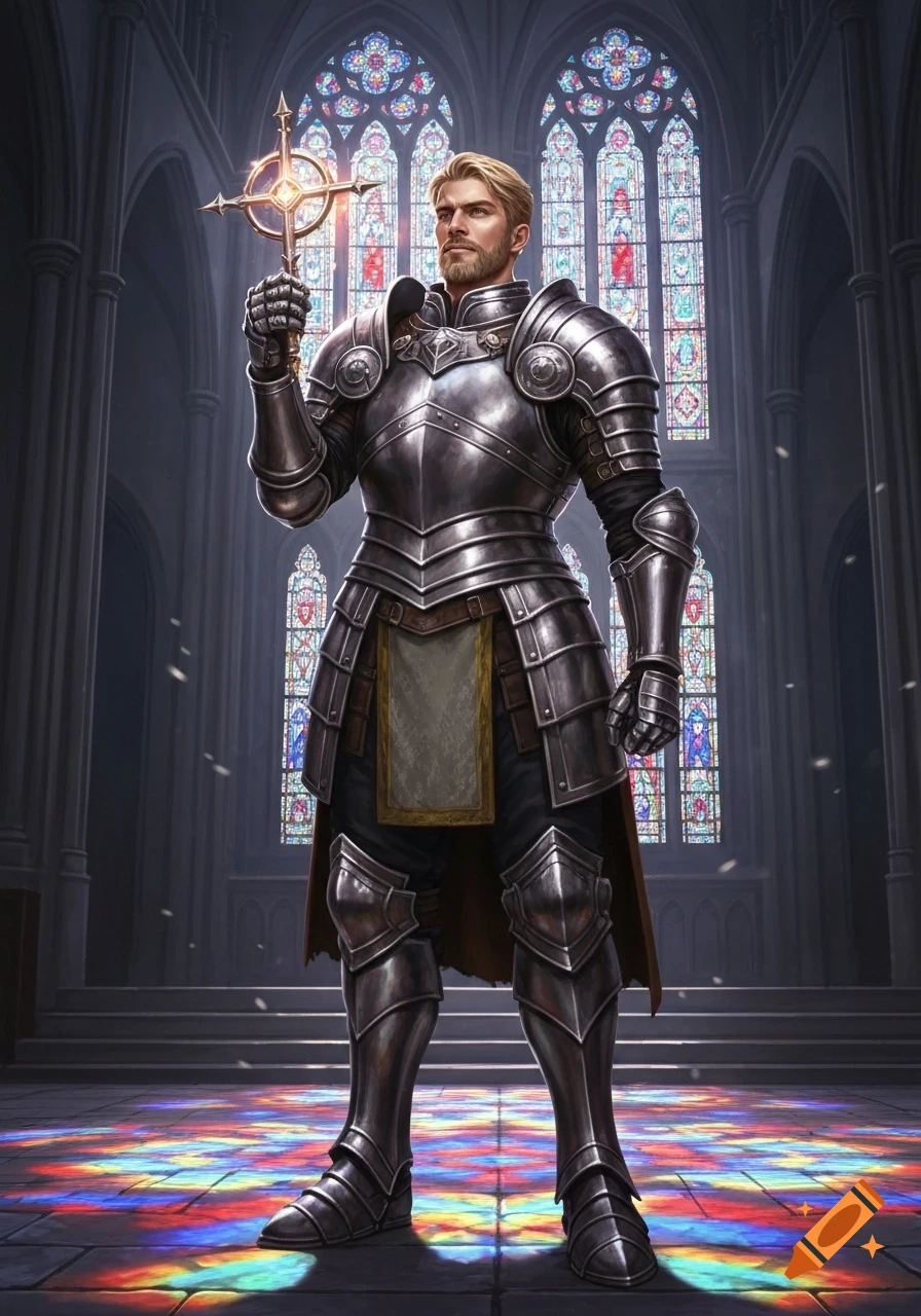 A blond male cleric in full plate armor holds a glowing cross in a gothic church with stained glass windows.