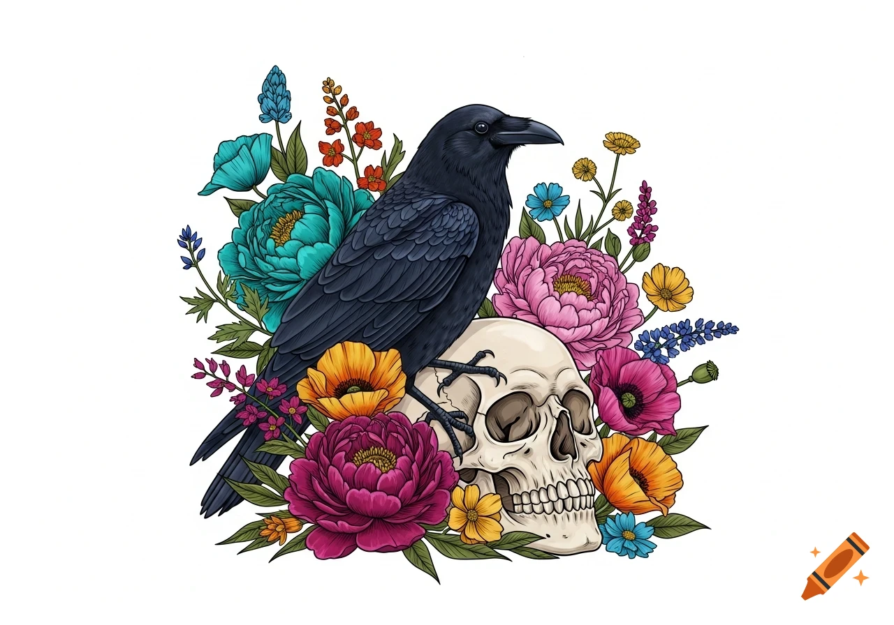 A stylized illustration of a black raven perched on a human skull, surrounded by vibrant teal, magenta, gold, and indigo flowers.